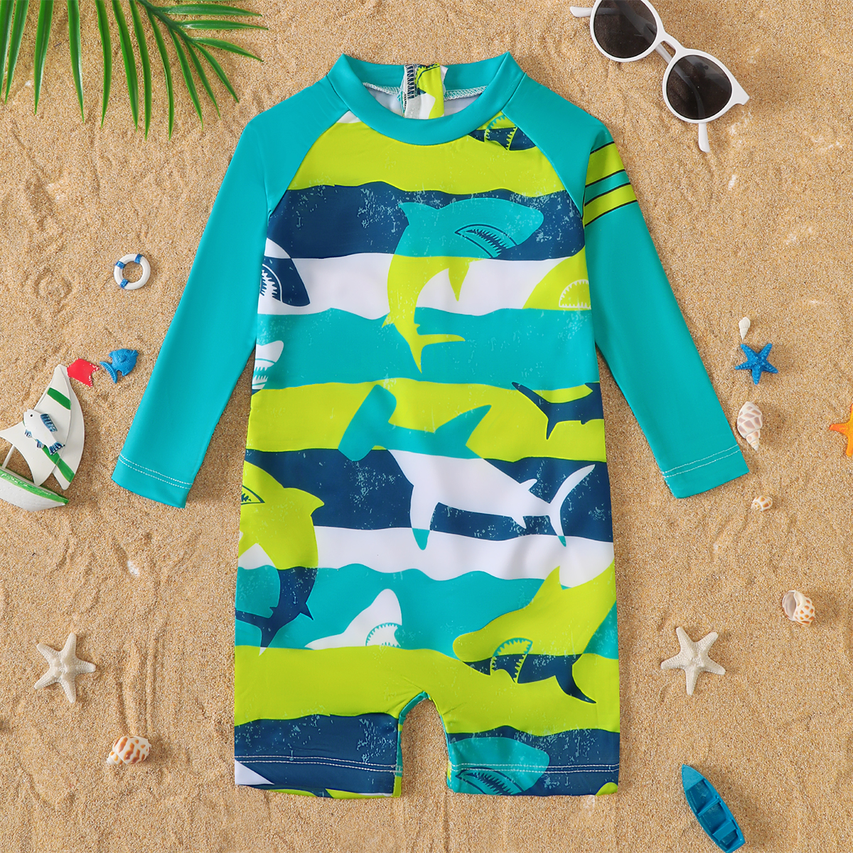 Baby Swimwear Uv - Baby Boy Shark Pattern Color Block
