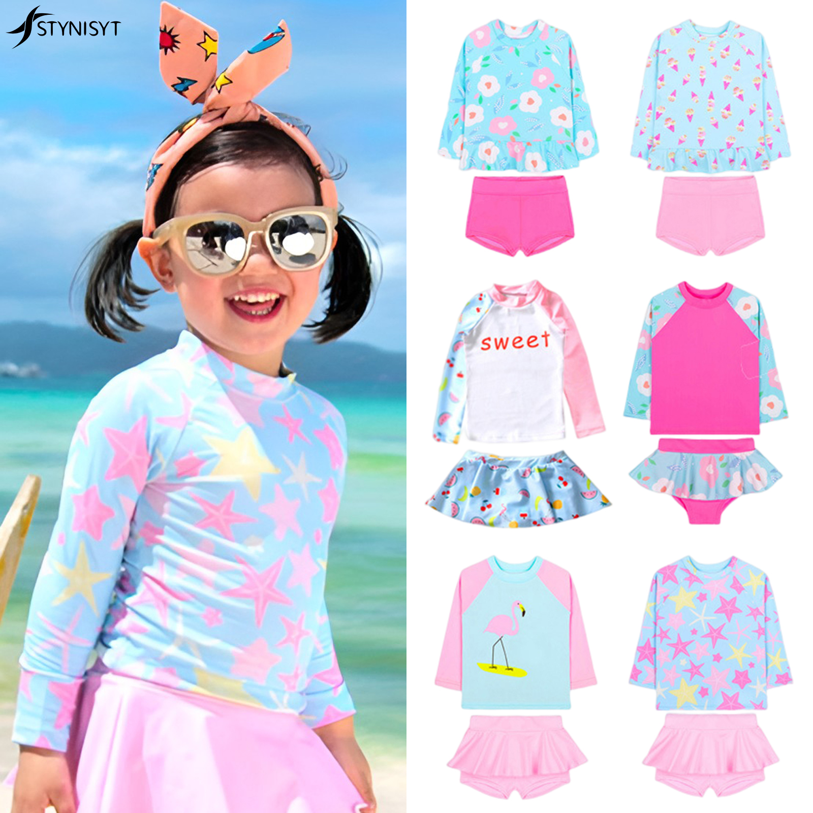 Baby Swimwear Uv - Girls Printed Long Sleeves Swimsuit Baby